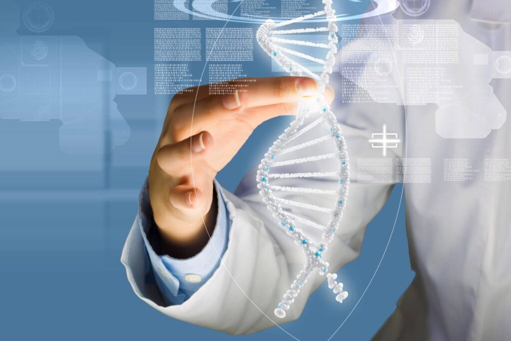 A researcher interacts with a digital DNA strand, symbolizing SCIRENT's innovative solutions in gene therapy trial management.