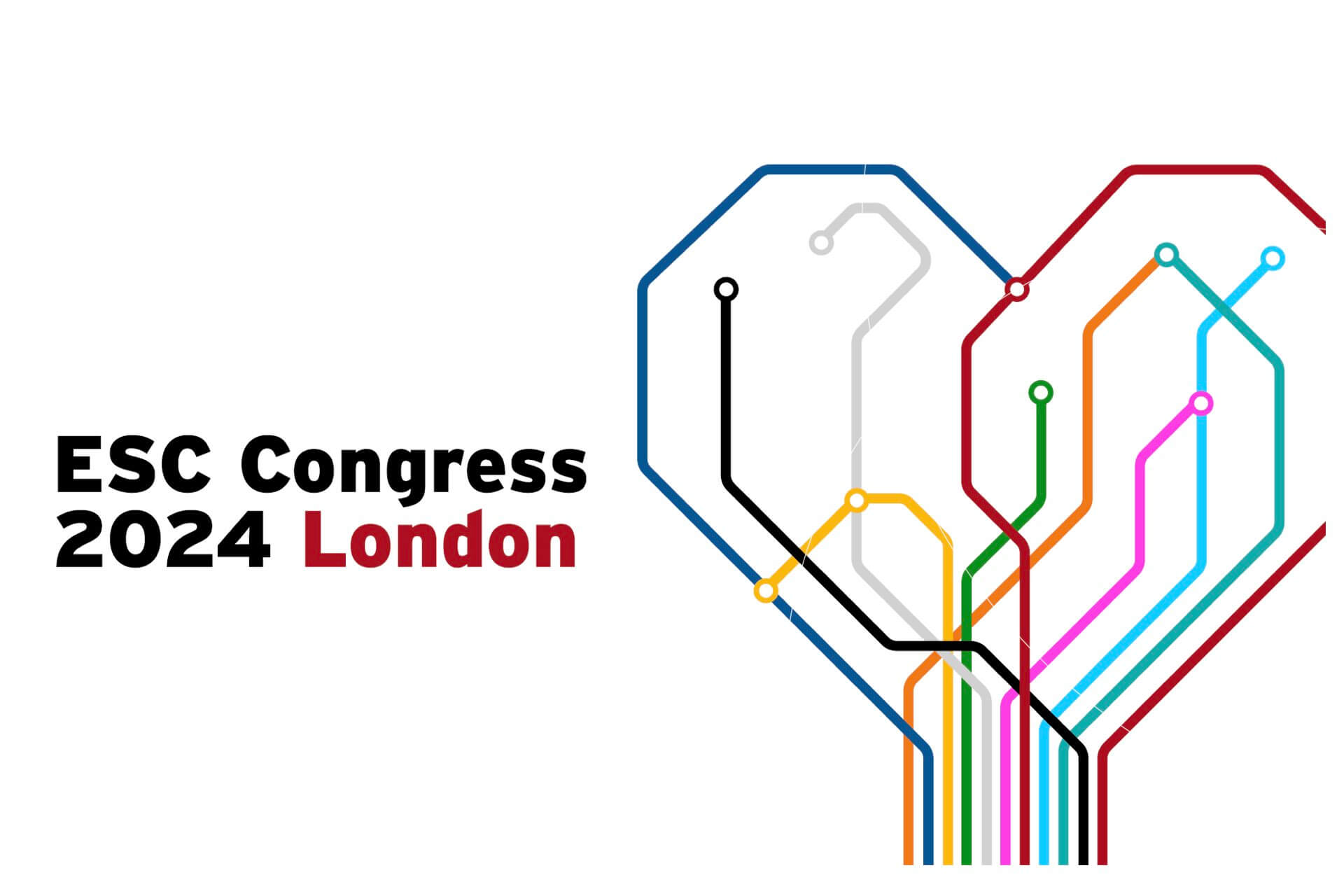 Logo for the ESC Congress 2024 in London, featuring colorful circuit-like paths forming a heart shape