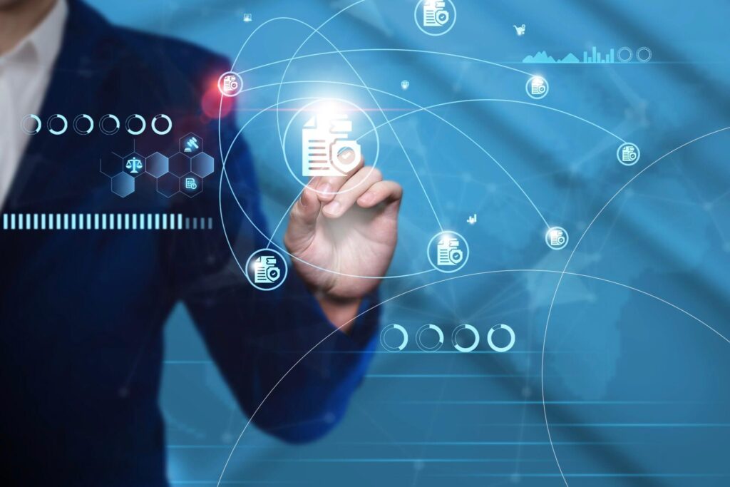 A man in a suit operates a futuristic interactive interface with symbols for regulatory documents and monitoring.